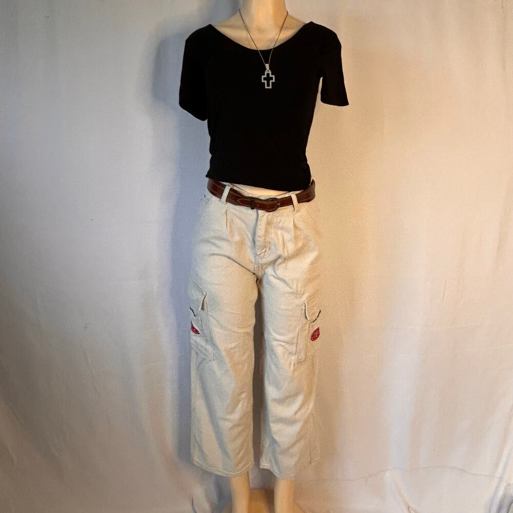 SHEIN Wake Jeans Cream Cargo Pants Red Logo Patch Y2K Indie Streetwear Petite XS